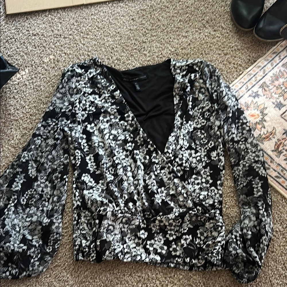 White House Black Market Wrap Blouse Black and White